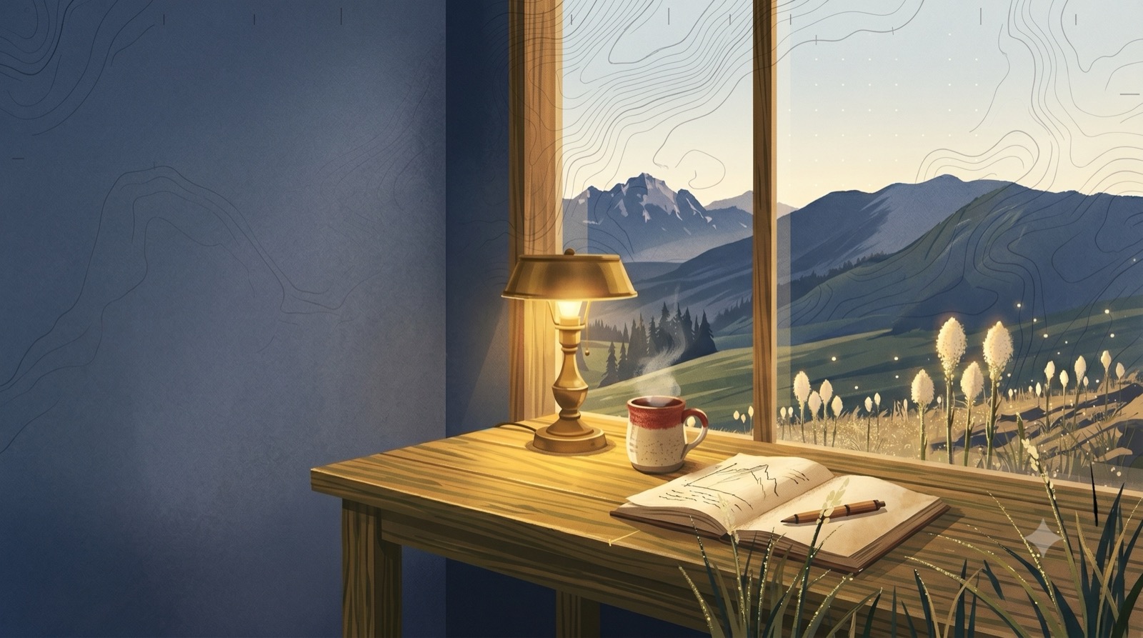 A simple Montana studio desk by a window framing the range at dawn