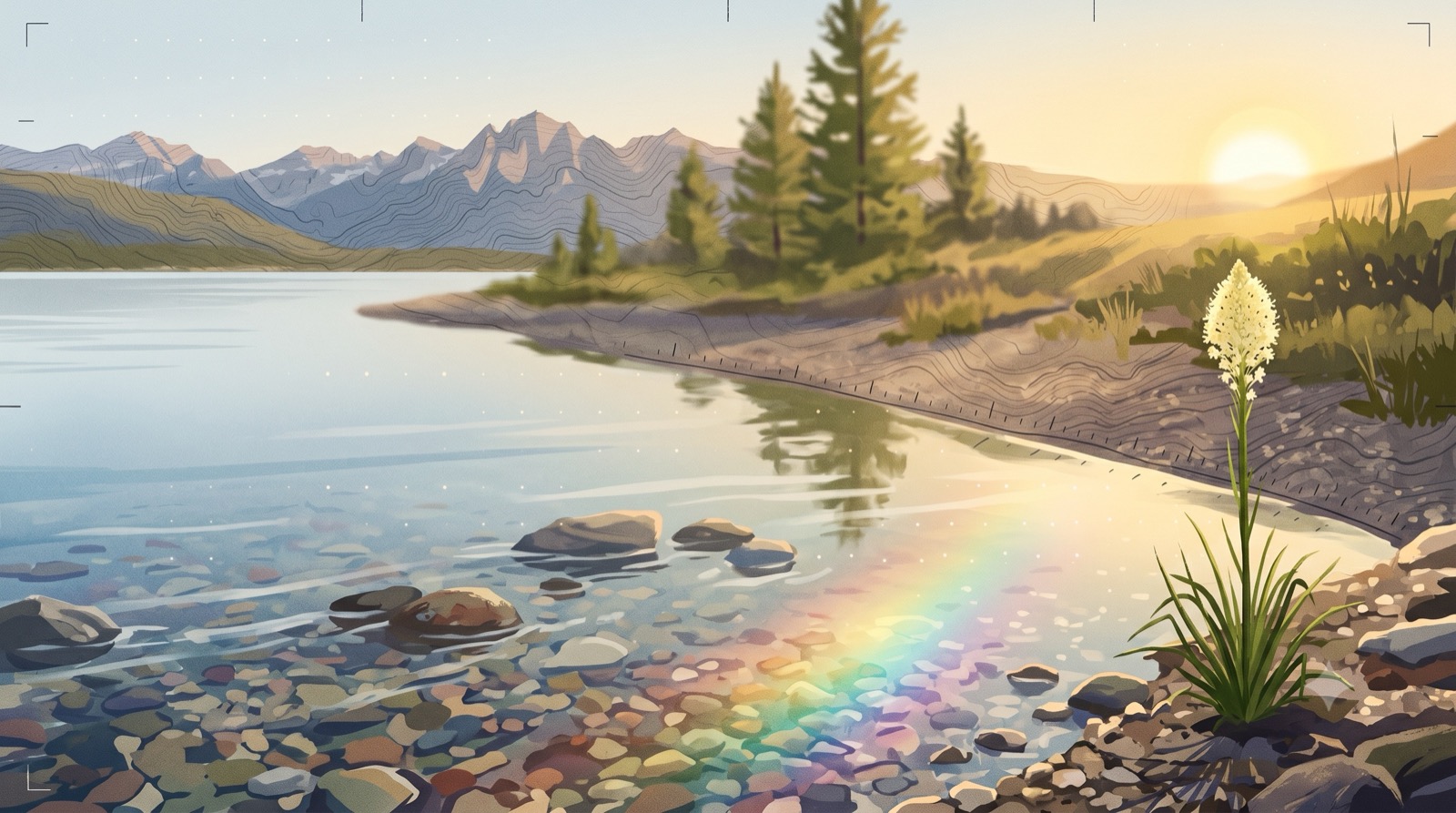 Dawn light through clear river water over smooth stones