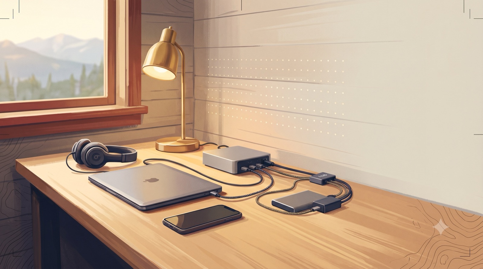 A tidy Montana desk at first light with digital tools being set up