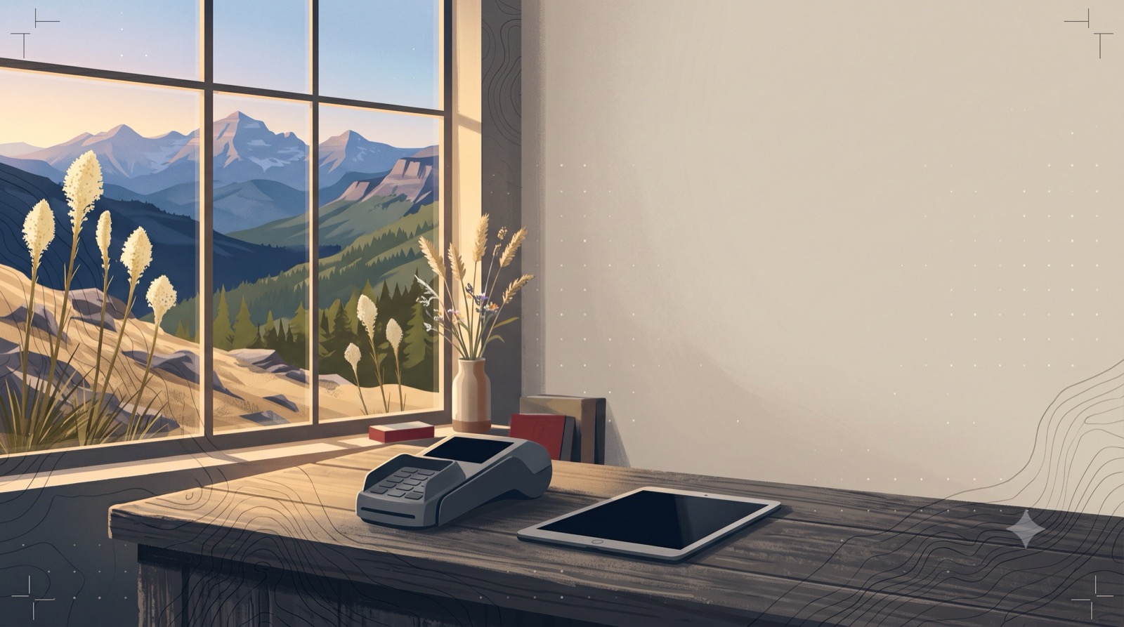 Montana shop counter at dawn with a blank card reader and tablet, mountains beyond the window