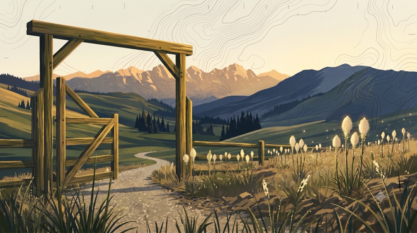 A ranch gate standing open on a path toward the mountains at golden hour