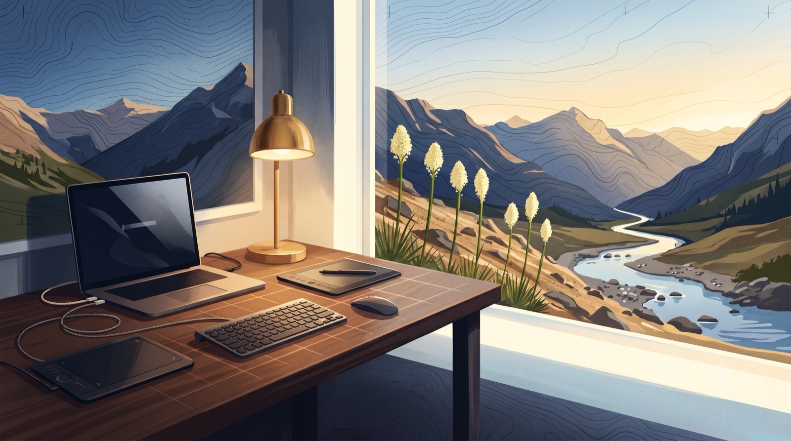 A studio desk at first light with the Montana range beyond the window