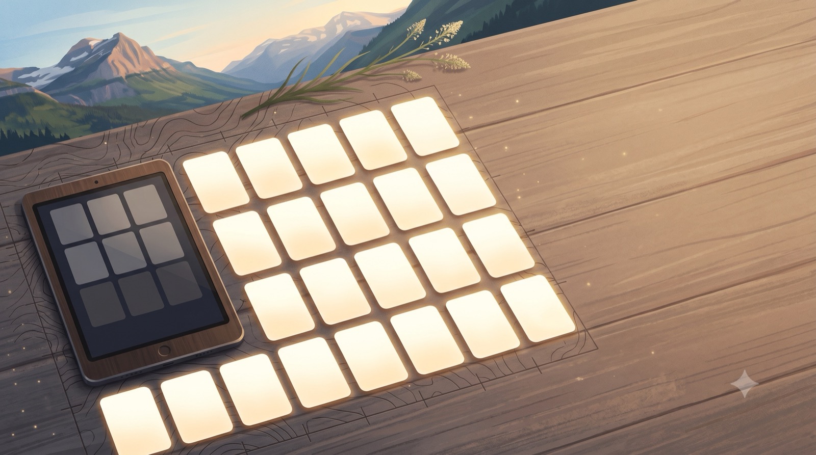 An orderly dawn-lit catalog of labeled cards laid out on warm wood