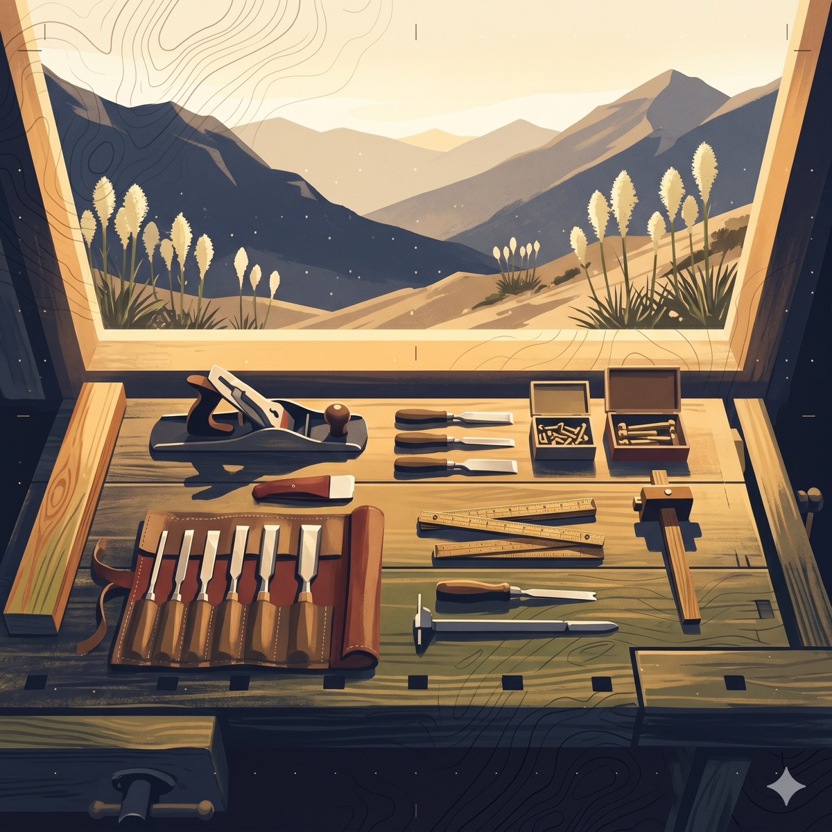 A craftsman's workbench with ordered hand tools at dawn
