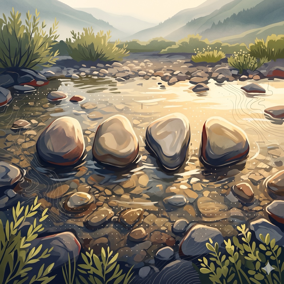 Four smooth river stones in a streambed at dawn
