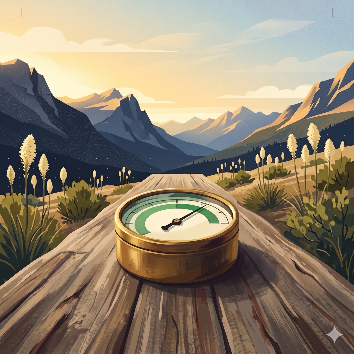 A brass gauge with the needle settled in the green at dawn