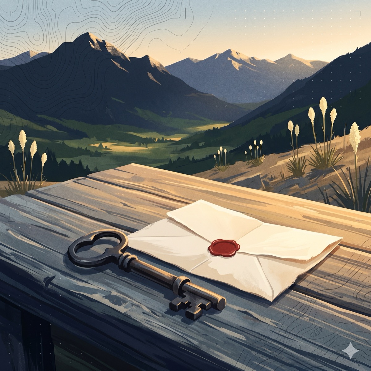 An iron key and a sealed paper deed on weathered wood at dawn