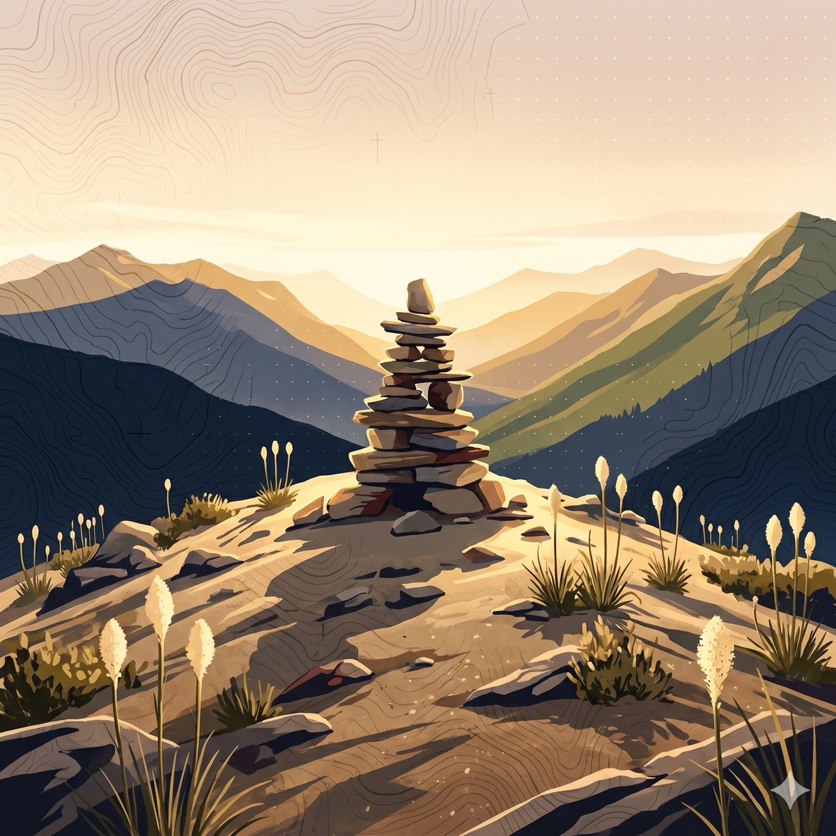 A single balanced stone cairn on a ridge at dawn