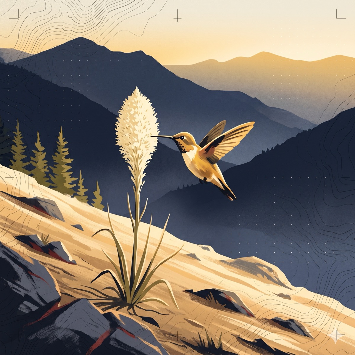 A hummingbird in flight beside a beargrass plume at dawn