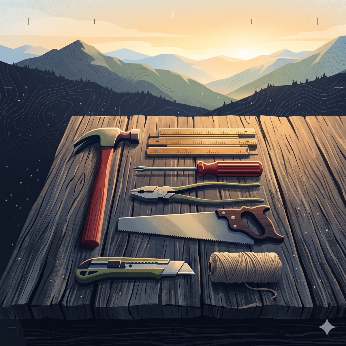 Everyday tools laid out in a neat row on wood at dawn