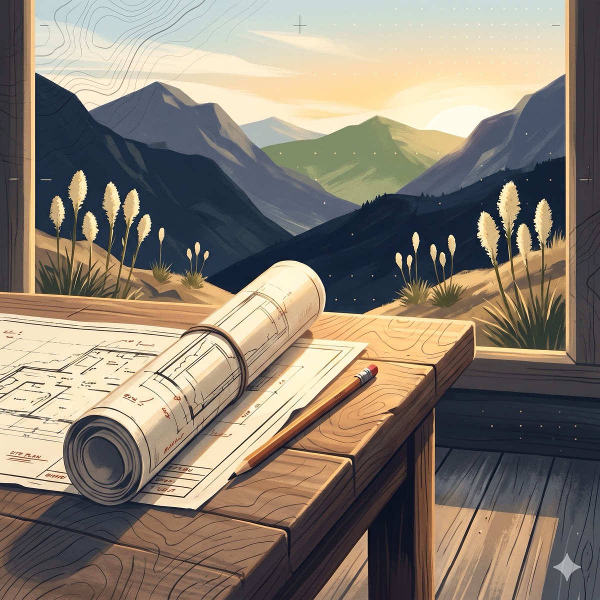 A drafting desk with a rolled plan and pencil at dawn