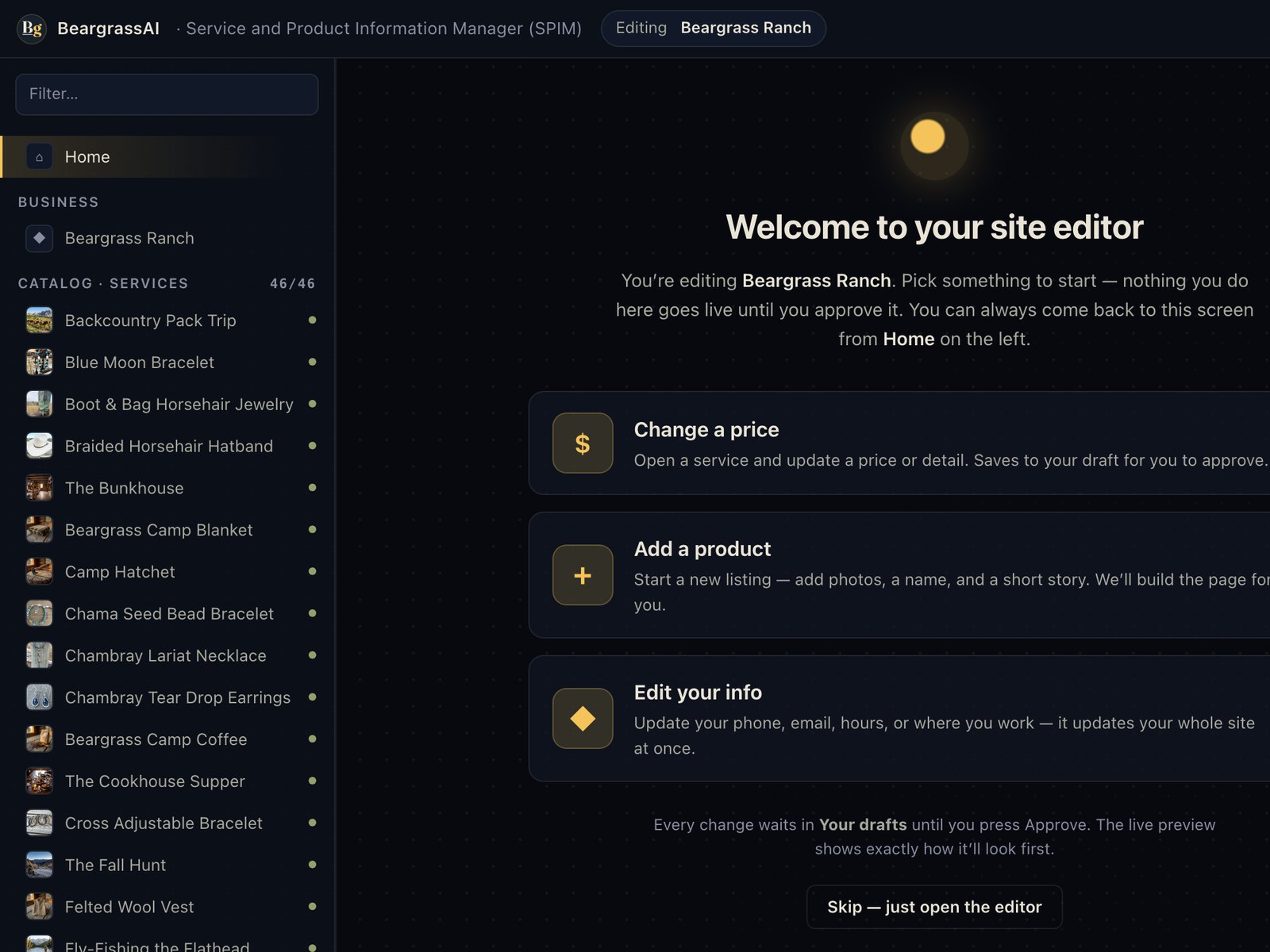 The SPIM editor managing a catalog beside the live site
