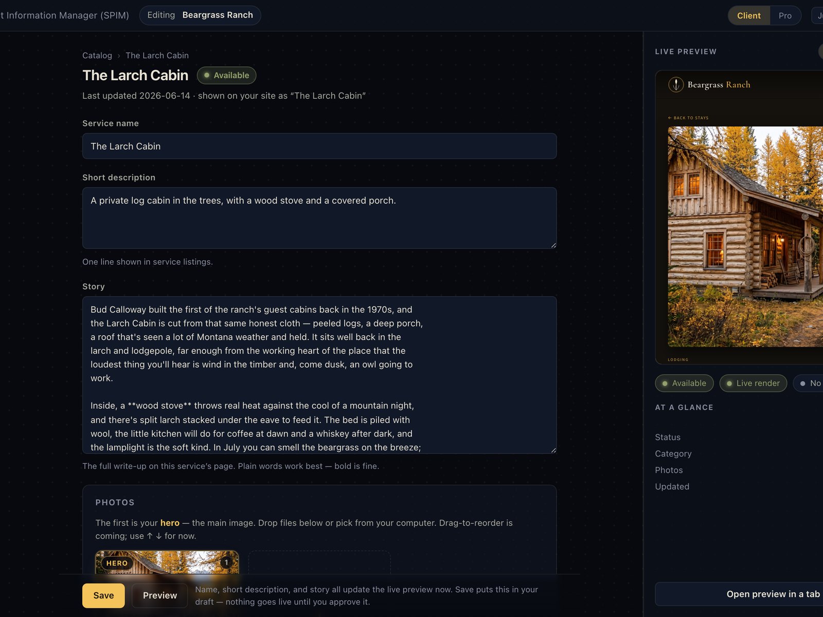 Editing a Beargrass Ranch cabin in SPIM, the live preview beside it